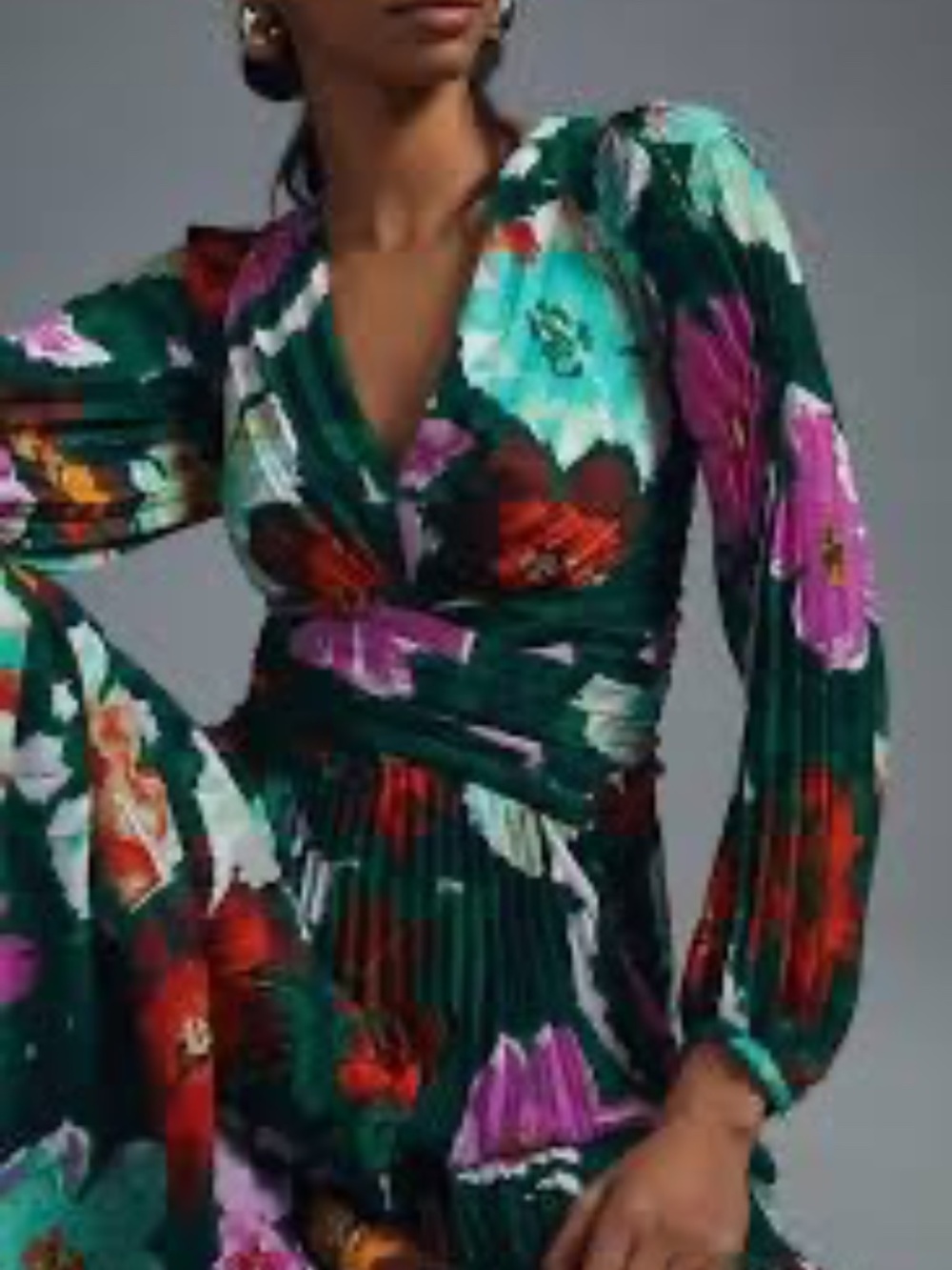🌸 Maeve Anthropologie Pleated Floral Midi Dress Green V-Neck Size 8 Like New - Picture 5 of 9